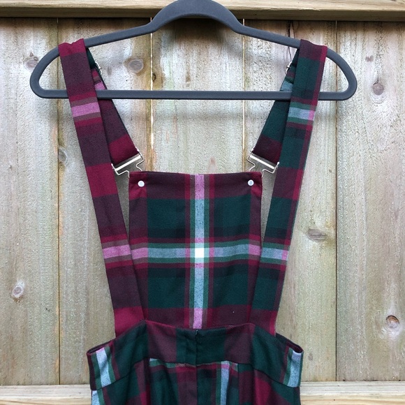 Collectif Kayden Festive Check Dungaree Dress Size XS Red Green Plaid Pinafore - Picture 8 of 14